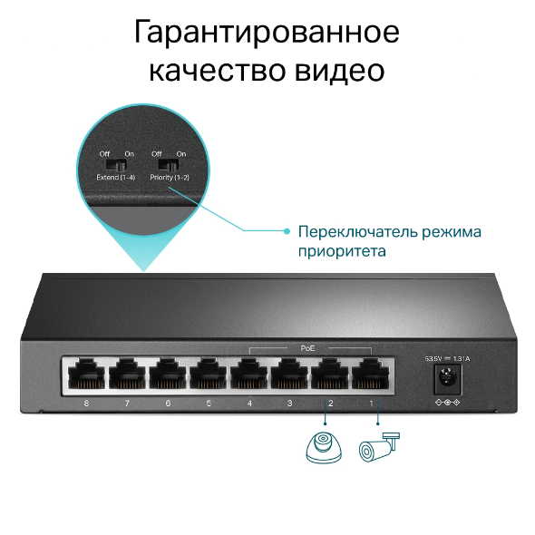 8-портовый настольный 10/100 Мбит/с коммутатор с 4 портами PoE+ 7