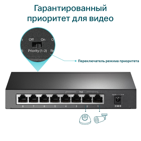 Настольный коммутатор с 8 портами 10/100 Мбит/с (4 порта PoE+) 8