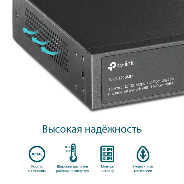 Неуправляемый коммутатор PoE на 16 портов PoE+ 10/100 Мбит/с и 2 гигабитными Combo-портами RJ45/SFP 8