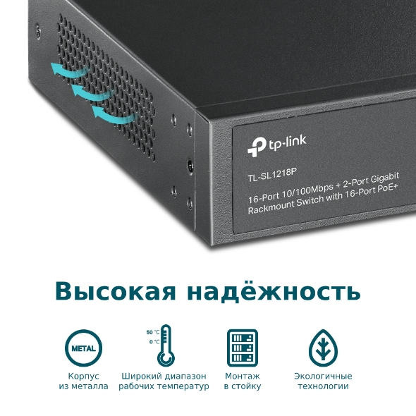 Коммутатор с 16 портами PoE+ 10/100 Мбит/с, гигабитным портом RJ45 и комбинированным портом RJ45/SFP 8