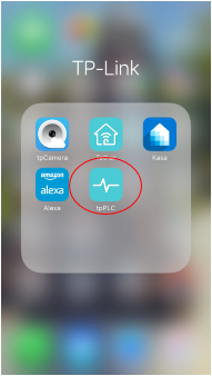 A mobile screen with a TP-Link app group. The tpPLC app is highlighted with a red circle. Other apps in the group include tpCamera, Kasa, Amazon Alexa, and Arlo.