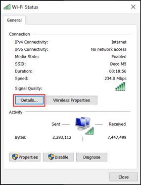 Click Details in the network status window.