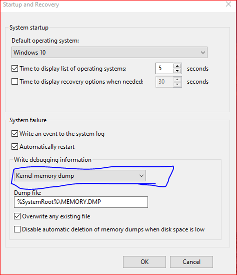 Please enable Write an event to the system log and select Kernel memory dump