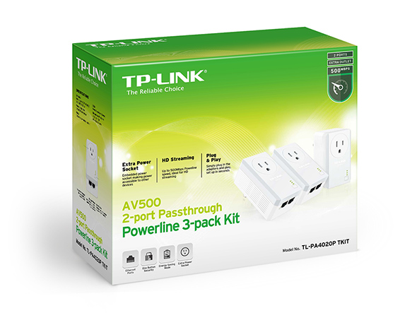 TL-PA4020PT KIT, AV500 Passthrough Powerline Adapter, 2 Ethernet Ports,  3-Pack Kit