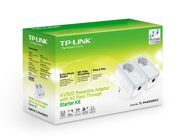 TL-PA4010P KIT, AV500 Powerline Adapter with AC Pass Through Starter Kit