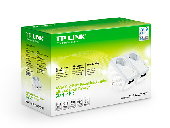 TL-PA4020P KIT, AV500 2-Port Powerline Adapter with AC Pass Through  Starter Kit