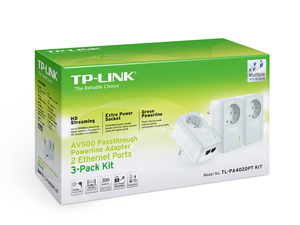 TL-PA4020PT KIT, AV500 Passthrough Powerline Adapter, 2 Ethernet Ports, 3-Pack  Kit