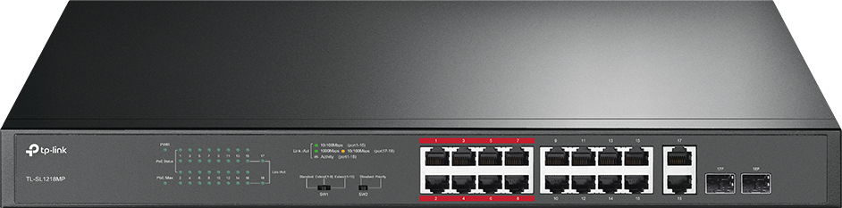 TL-SL1218MP | 16-Port 10/100Mbps + 2-Port Gigabit Unmanaged PoE