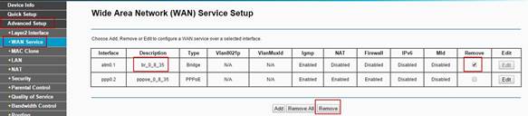 Accédez à Configuration avancée-Service WAN, recherchez le pont avec 8/35, cochez Supprimer et cliquez sur Supprimer.