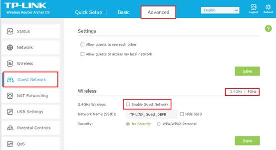 Select Enable Guest Network 2.4GHz or 5GHz.