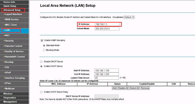 How to change LAN IP address of DSL modem router