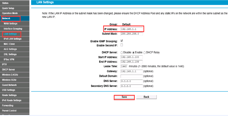 How to change LAN IP address of DSL modem router