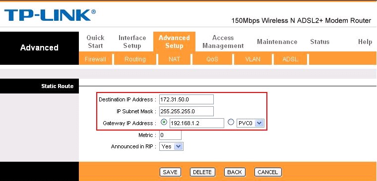 How to configure Static Routing on TP Link ADSL2 modem 