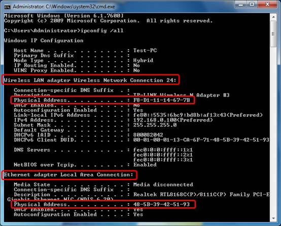 how to find network mac address windows 7