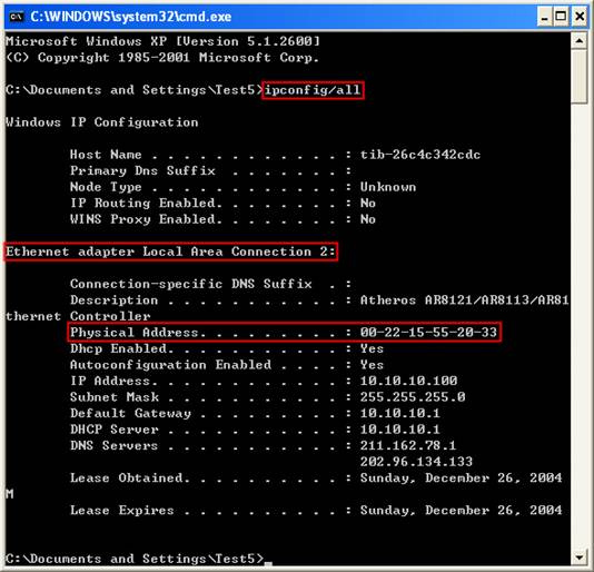 find mac address of printer from command prompt