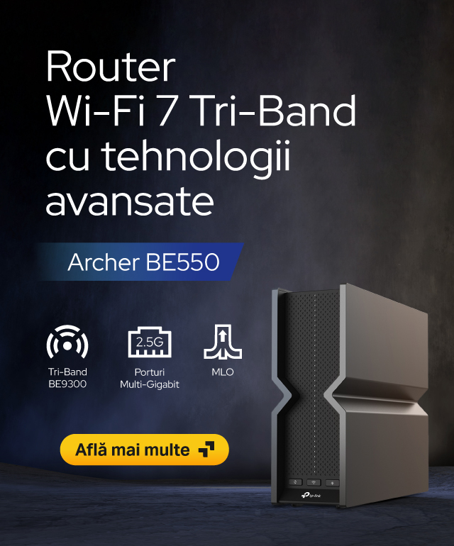 Fundalul este bannerul de pe pagina de produs a lui Archer BE550, format din routerul pe un fundal întunecat cu texturi de nisip și piatră.