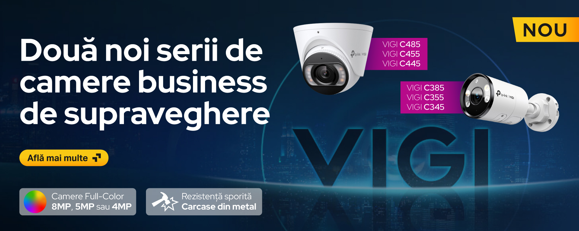 Camerele VIGI în cauză plutind pentru un fundal format din bannerul generic VIGI, format din cuvântul VIGI și o imagine cu clădiri generice în spate.