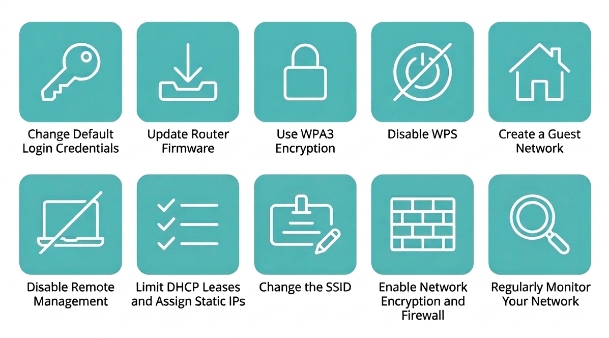 Icon grid showing all 10 steps to secure a WiFi router at a glance