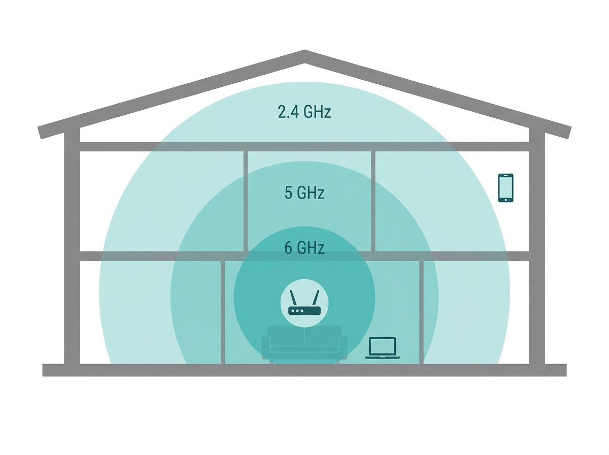Flat diagram comparing 2.4GHz, 5GHz, and 6GHz WiFi band range and speed through concrete walls in a Philippine home