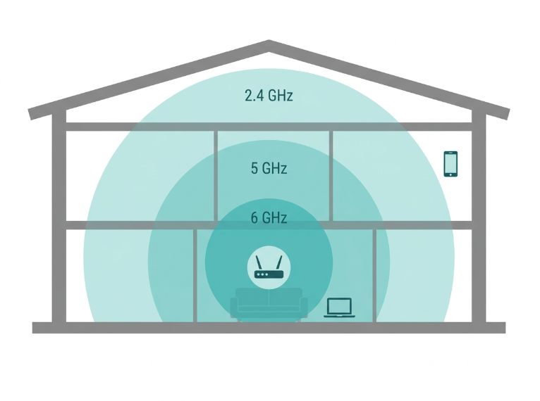 Flat diagram comparing 2.4GHz, 5GHz, and 6GHz WiFi band range and speed through concrete walls in a Philippine home