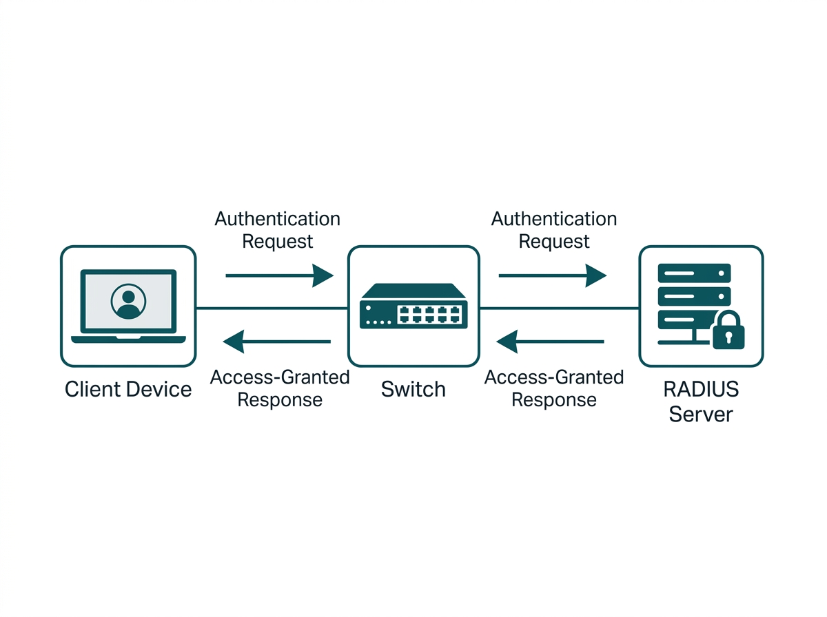 Diagram showing 802.1X authentication flow between a client device, network switch, and RADIUS server