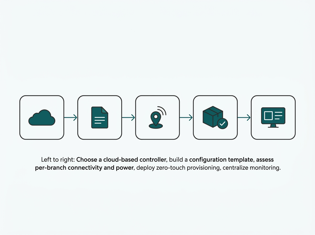 Flat five-step flow diagram for rolling out multi-site network management
