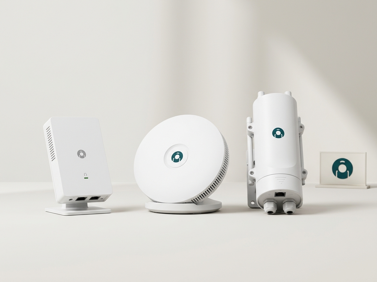 Three Omada access point models arranged on a studio backdrop, a wall-plate unit, an indoor unit, and an outdoor unit