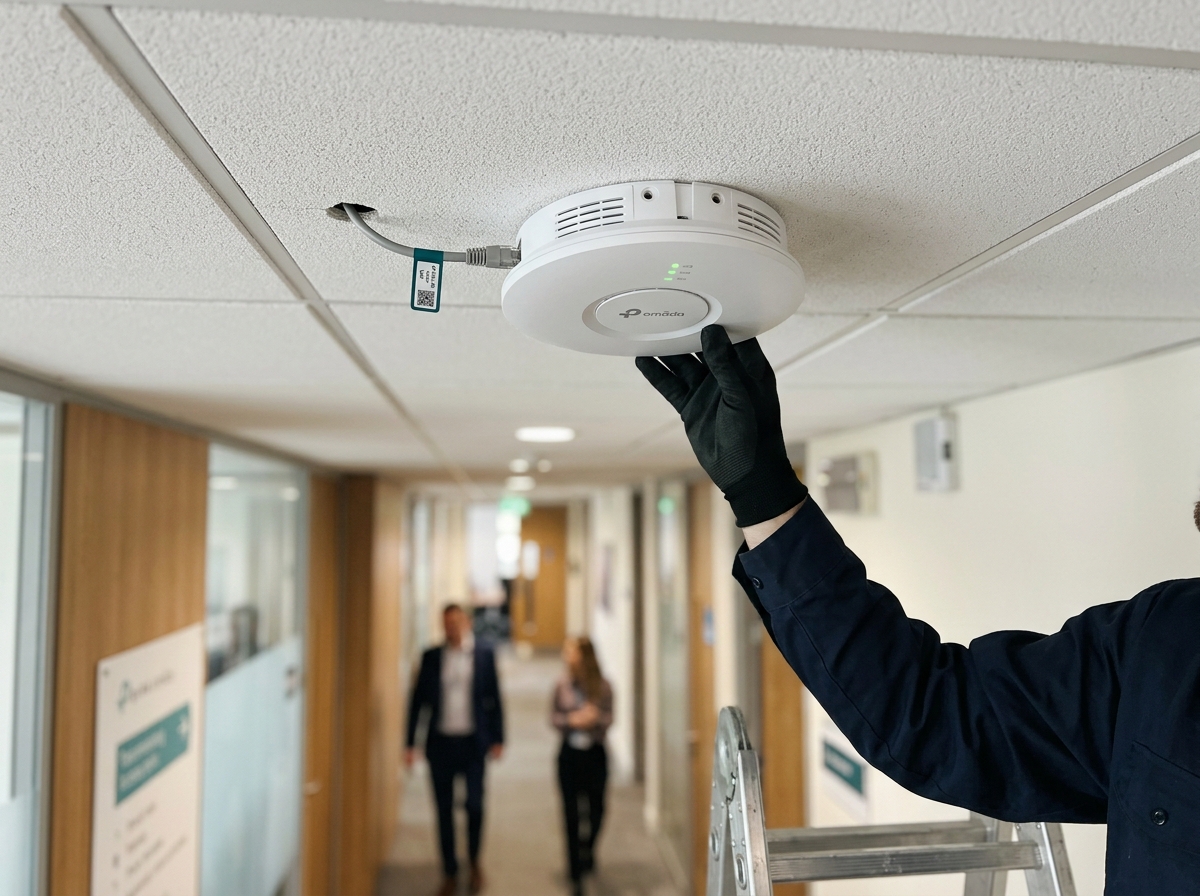 Technician inspecting a ceiling-mounted wireless access point in an office corridor