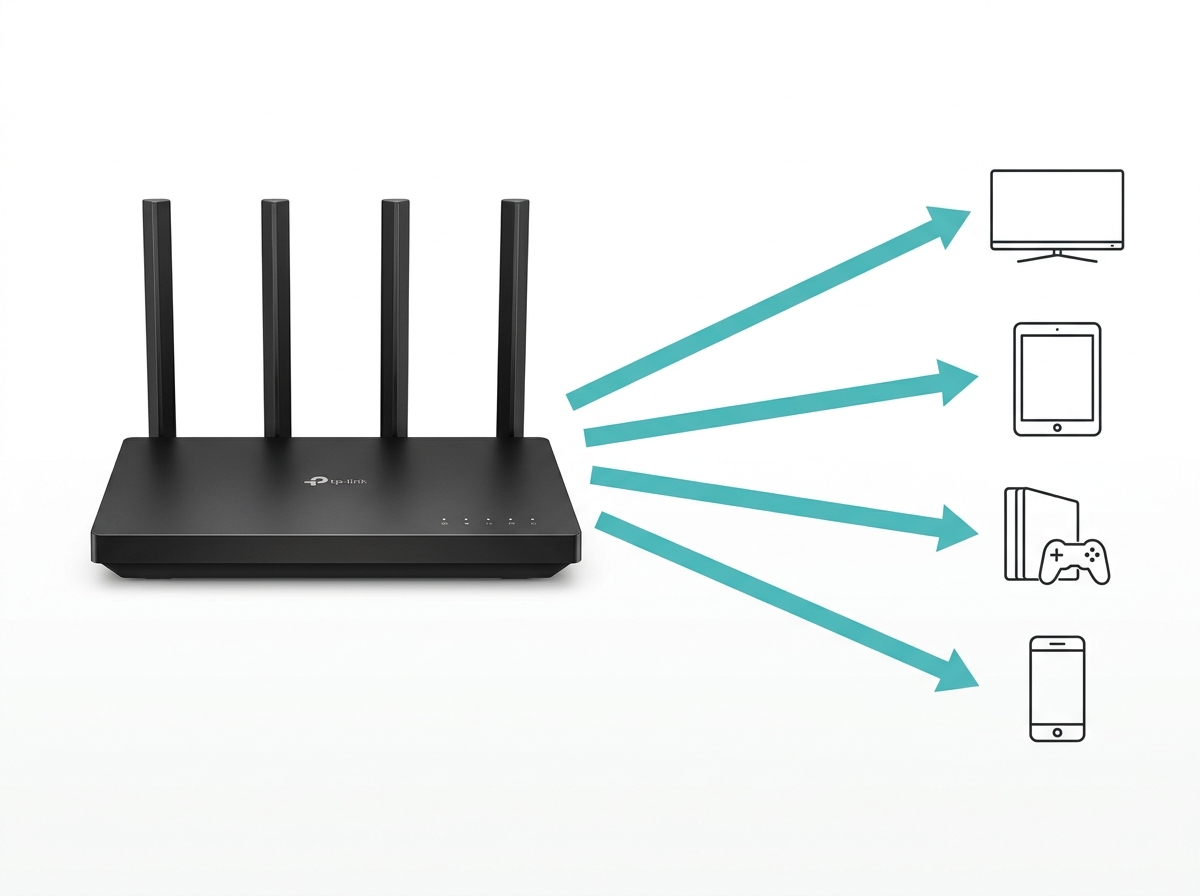 Diagram showing the TP-Link Archer BE220 router transferring data simultaneously to a smart TV, tablet, game console, and phone using MU-MIMO