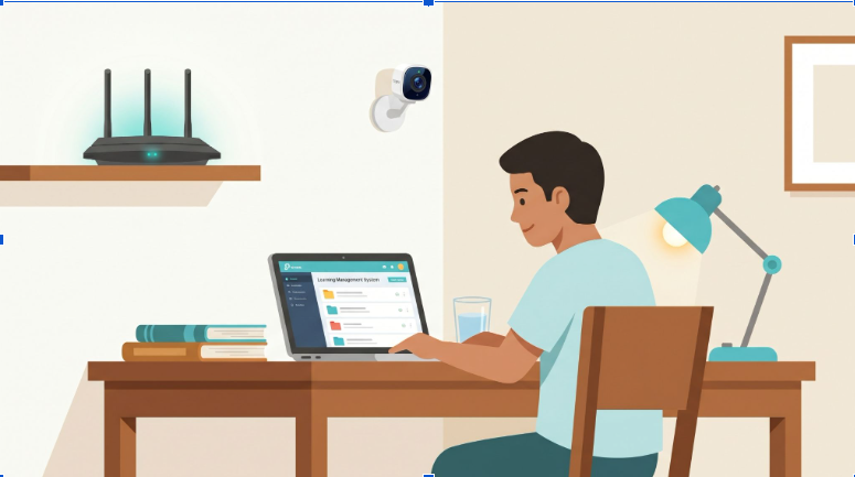 Filipino student studying at home with TP-Link Archer router, Tapo smart bulb, and Tapo camera set up for SY 2026-2027