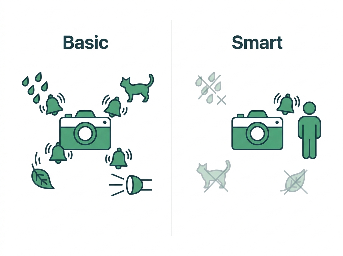 Side-by-side illustration showing basic motion detection alerting on rain, a cat, and leaves while smart detection alerts only on a person