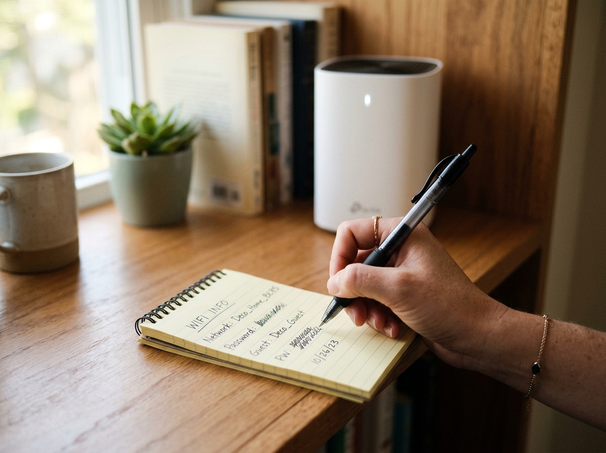 Person writing down WiFi network details on paper before resetting a TP-Link router