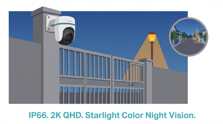 Tapo C520WS outdoor security camera mounted on a Philippine subdivision gate at dusk, showing 2K QHD starlight color night vision coverage
