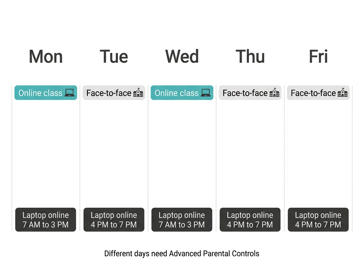 Blended learning week with online class days and face-to-face days, each with a different laptop internet window on a TP-Link router