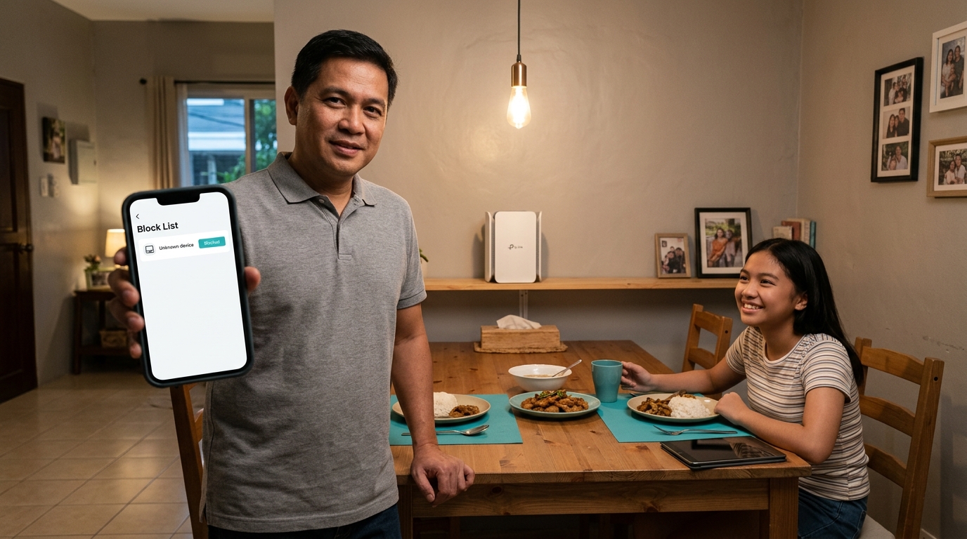 Filipino father blocking an unknown device from the family's TP-Link Wi-Fi in the app while his daughter eats dinner without her tablet