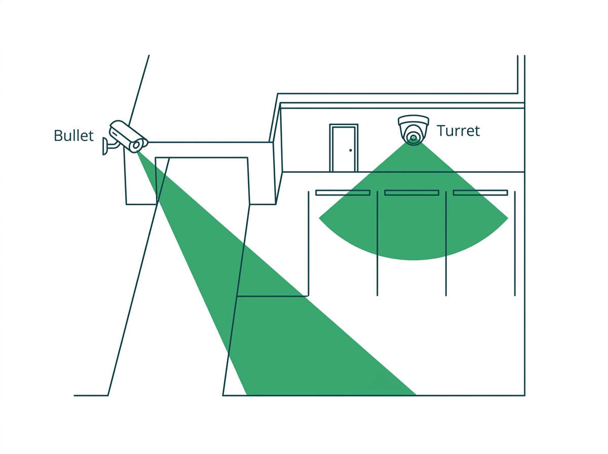 Top-down diagram comparing a bullet camera's long narrow view down a driveway with a turret camera's wide view over an entrance