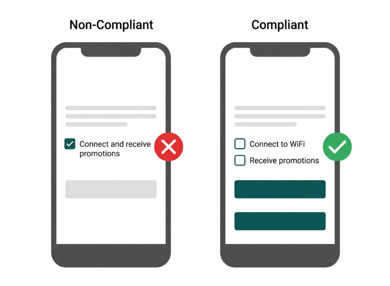 Flat comparison showing a non-compliant bundled consent checkbox versus a compliant separate consent checkbox on a WiFi login screen