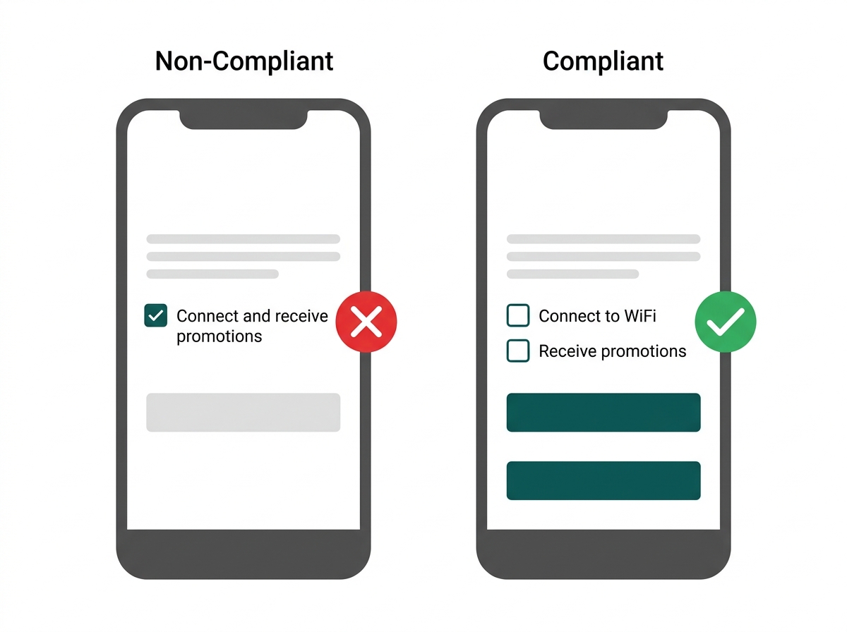 Flat comparison showing a non-compliant bundled consent checkbox versus a compliant separate consent checkbox on a WiFi login screen
