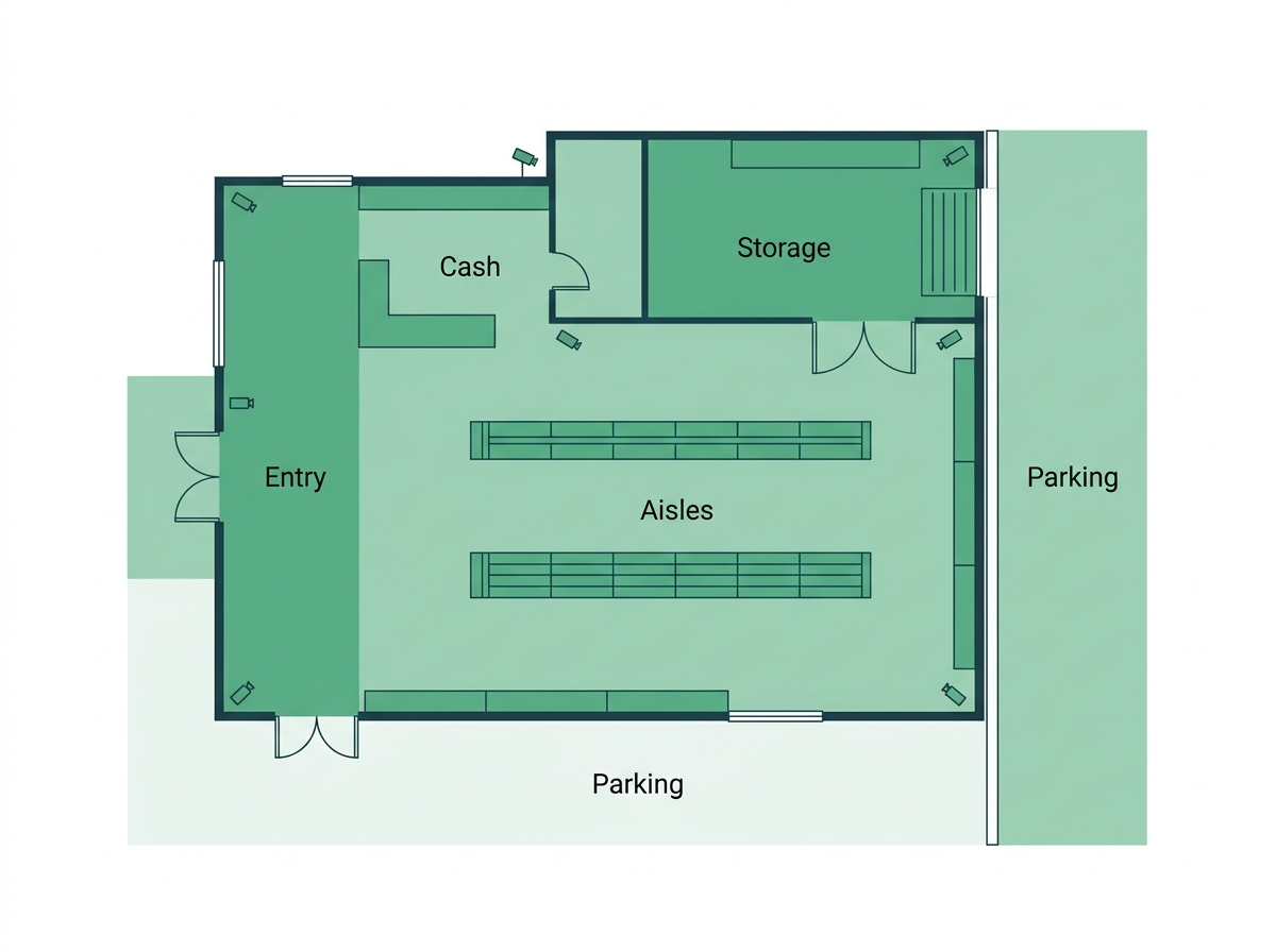 Floor plan of a building-supply store divided into entry, cash, aisle, storage, and parking zones for camera planning