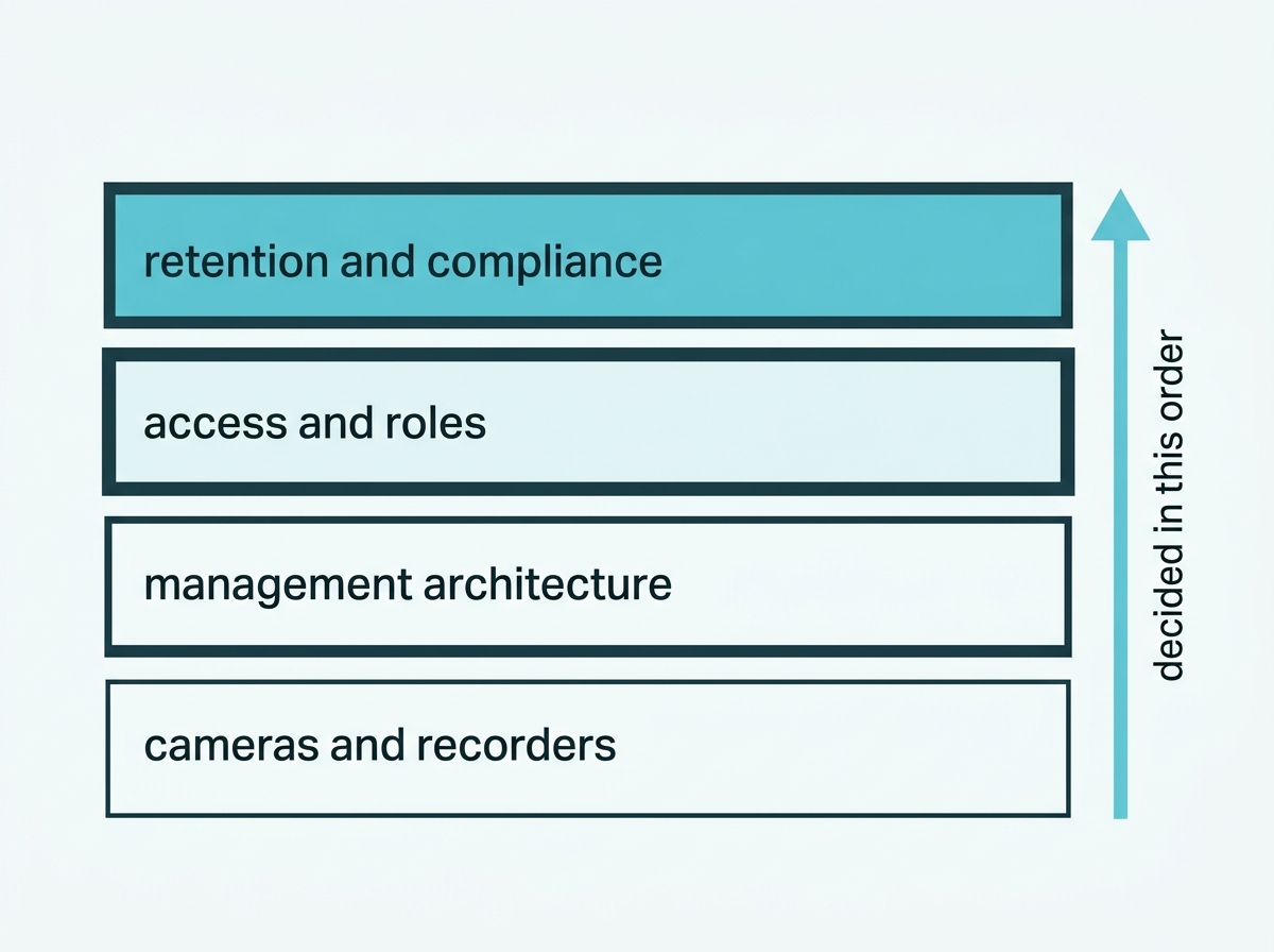 Four layers of a business surveillance decision stacked from cameras at the base to compliance at the top