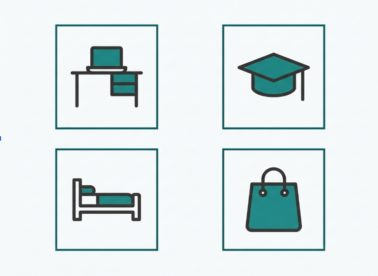 Four-icon flat grid representing office/BPO, school, hotel, and retail business types that use business WiFi systems