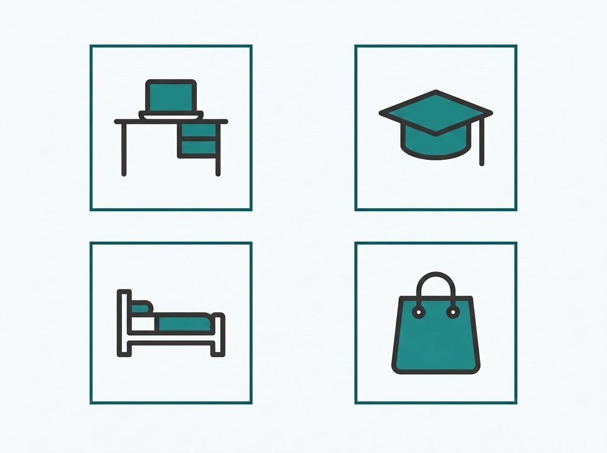 Four-icon flat grid representing office/BPO, school, hotel, and retail business types that use business WiFi systems