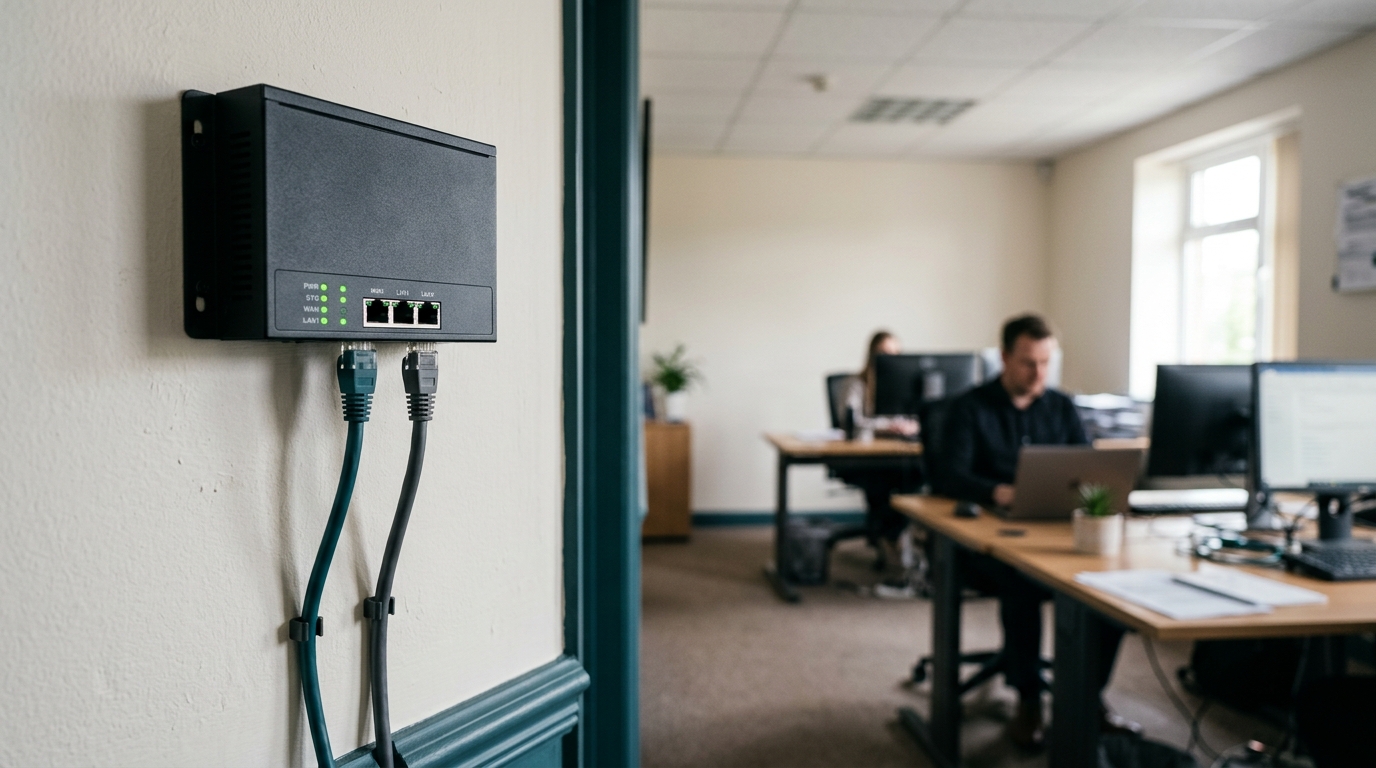 Wall-mounted business VPN gateway in a small branch office with cabling terminated into it and desks visible in the background