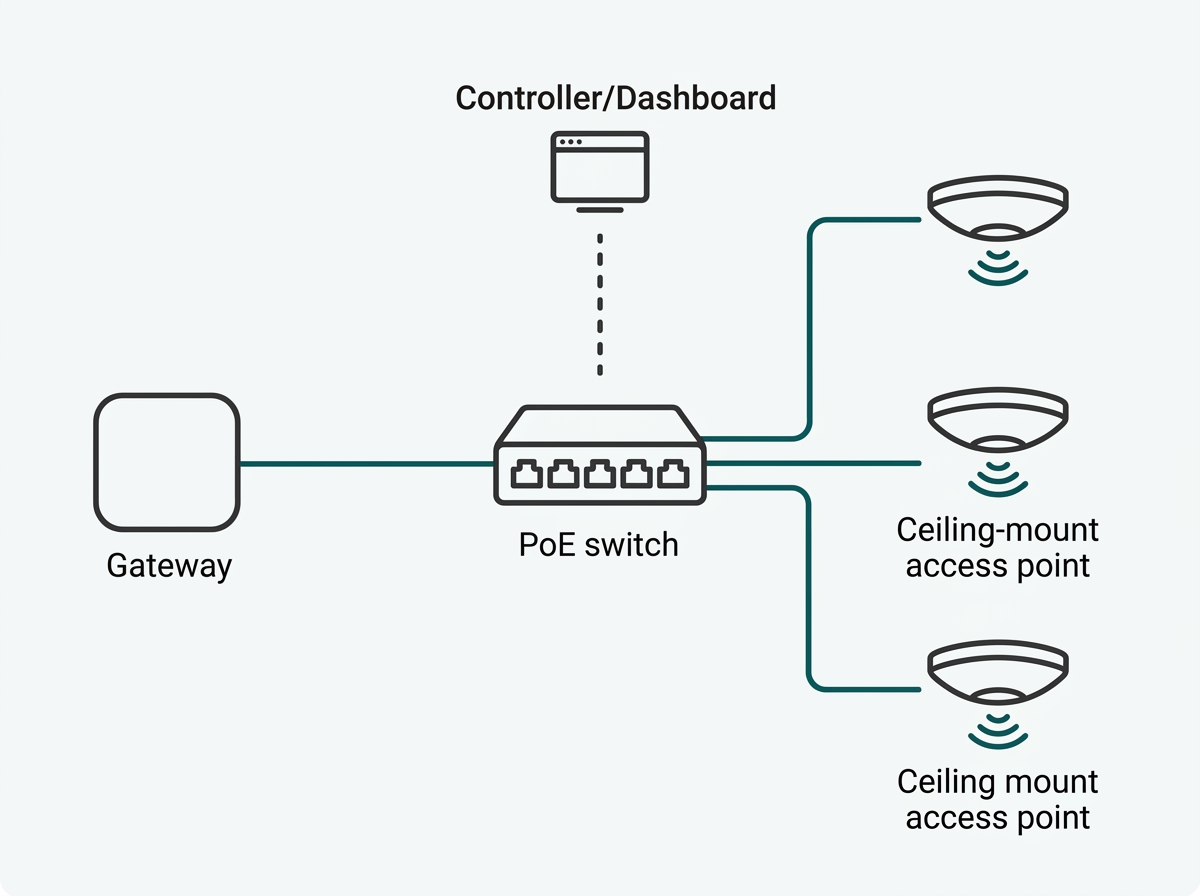Labeled flat diagram of a business WiFi system showing a gateway connected to a PoE switch, which connects to three ceiling-mount access points, all managed by one controller dashboard