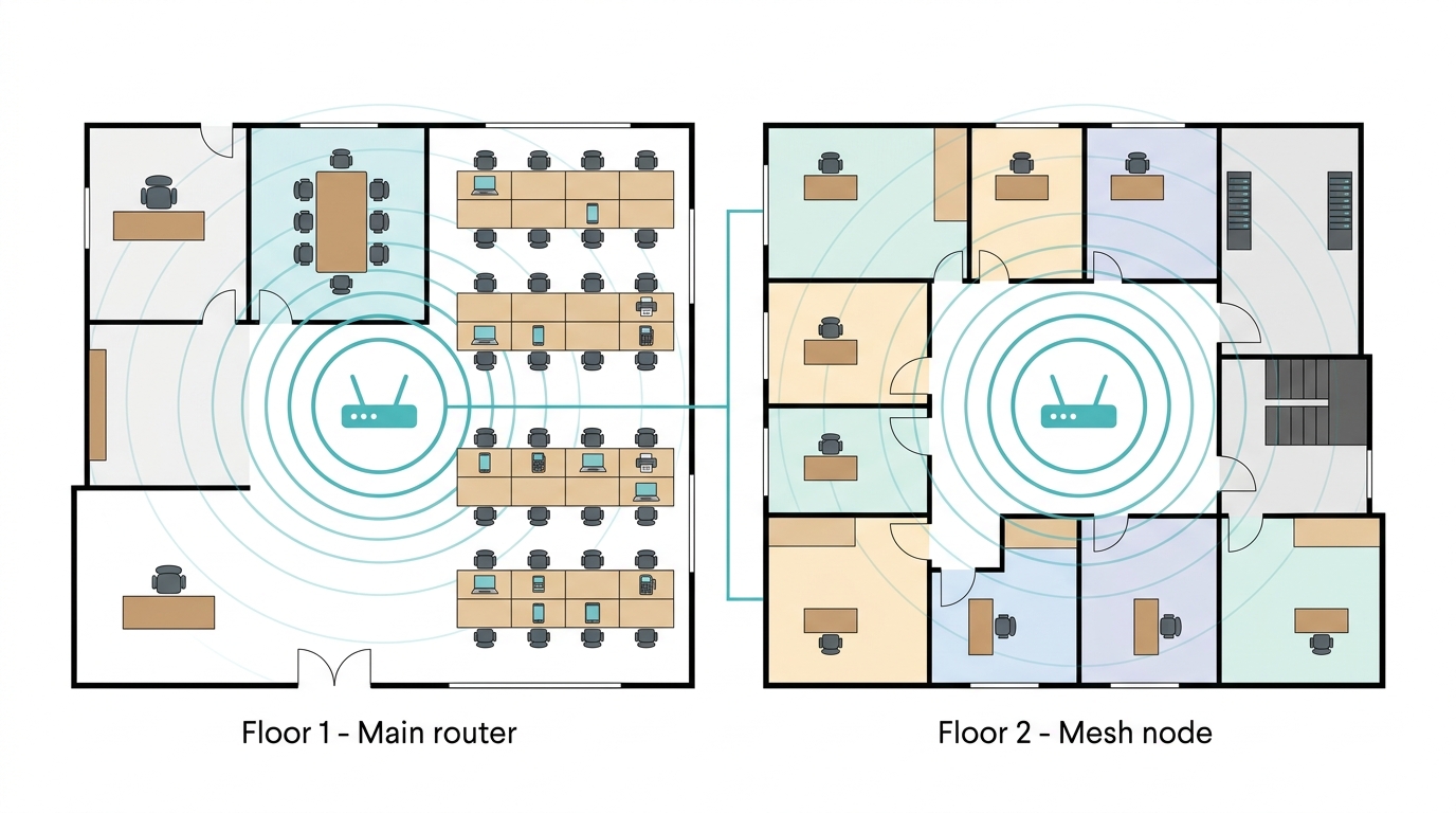 Business Wi-Fi network setup for a Philippine office - two-floor layout with mesh nodes for full coverage