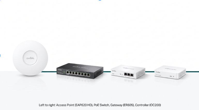 Product photo of the four hardware pieces of an Omada business WiFi solution: access point, PoE switch, gateway, and controller