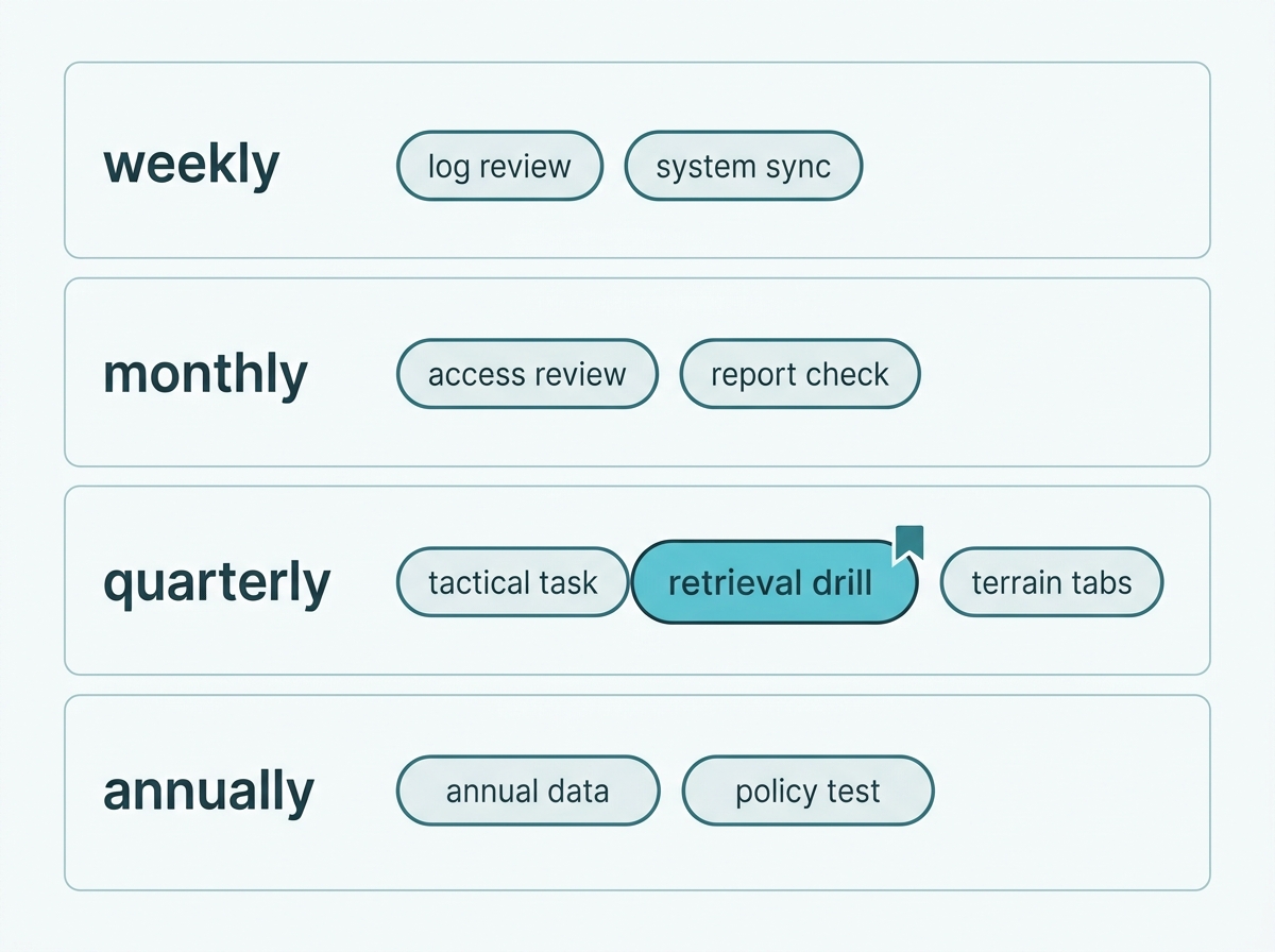 Maintenance tasks arranged by weekly, monthly, quarterly, and annual cadence with the retrieval drill marked as most often skipped 