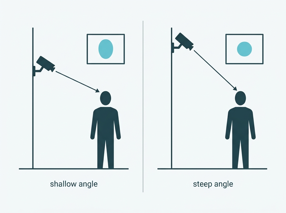 Two mounting positions on the same wall, one producing a view of a face and one producing a view of the top of a head