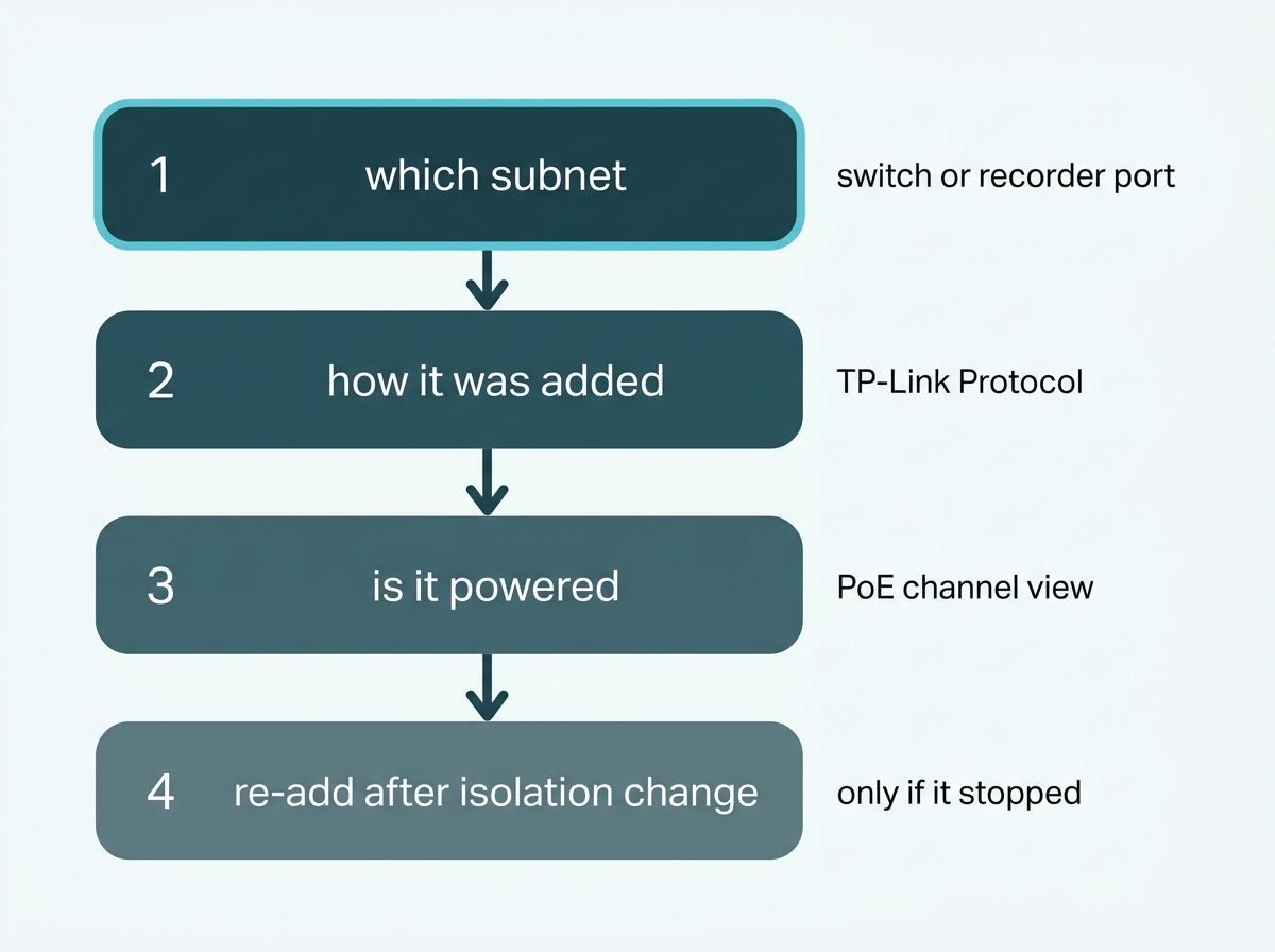 Four checks in order, from which subnet the camera landed on through to re-adding it after an isolation change
