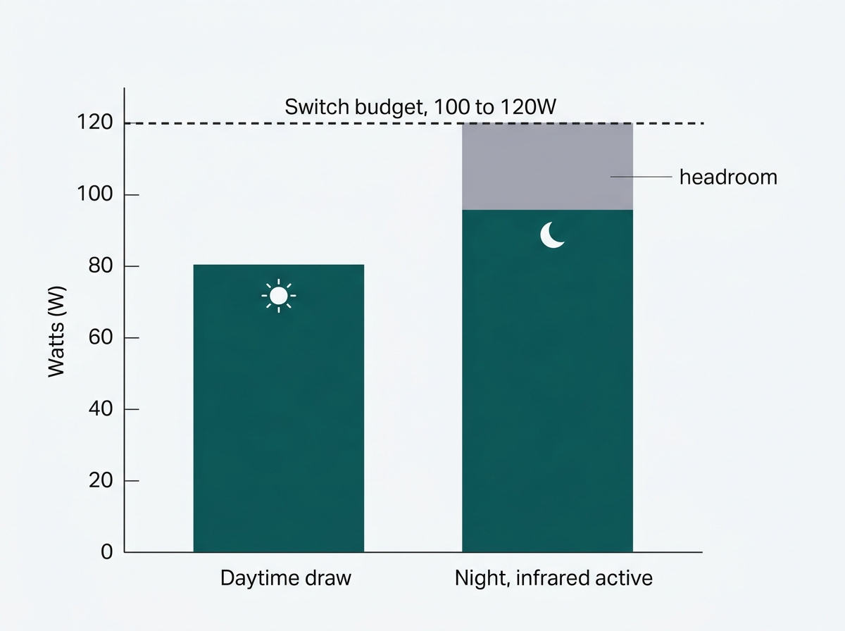 Bar showing ten cameras at 80 watts daytime draw rising after dark with infrared active, against a switch budget with headroom above both
